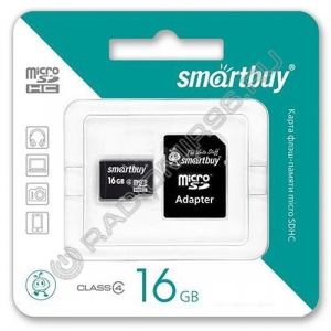 Карта памяти microSDHC SMARTBUY 16GB class 4 с адаптером