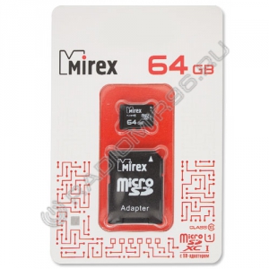 Карта памяти microSDHC MIREX 64GB с адаптером (UHS-I, U1, class 10)
