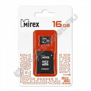Карта памяти microSDHC MIREX 16GB с адаптером (UHS-I, U1, class 10)  красная