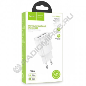 Зарядное устройство сетевое HOCO C88A 2USB 2.4A БЕЛОЕ